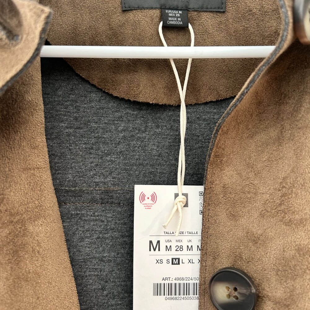 Zara Short Faux Suede Jacket, Khaki, Size M - Picture 8 of 8